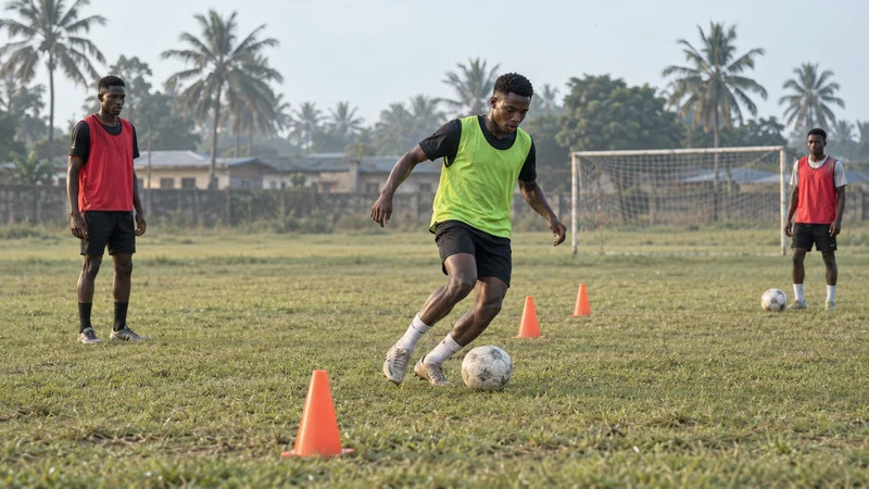 A player runs a ball through cones at a training drill, other players and a goal behind them